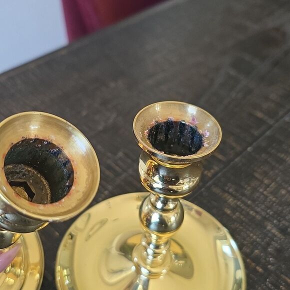 2 Polished Brass Elegant Gold Taper Candlestick Holders Sz 4.5' & 5' Short - Picture 12 of 12